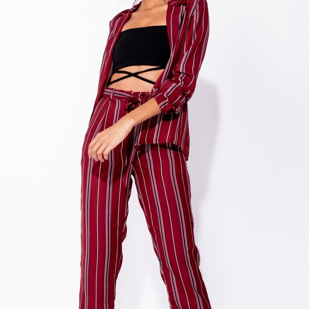 SALE! Burgundy Striped High Waist Straight Pants - Picture 7 of 9